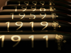 Several bottles of vintage Champagne Lanson, aligned with years ranging from 1911 to 1999.