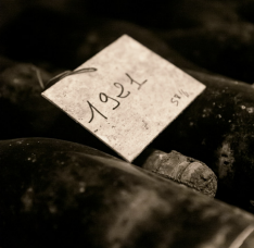 Label marked “1921” attached to old bottles in the cellars.