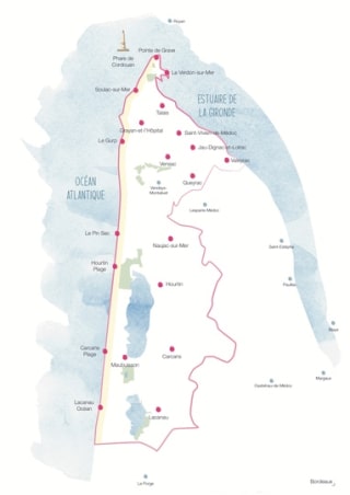 Carte aquarelle du Médoc Atlantique entre estuaire de la Gironde et océan Atlantique