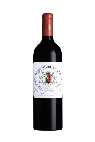 Bouteille de Château Fourcas Hosten 2015, Listrac-Médoc, couleur rubis profond, vin élégant et équilibré.