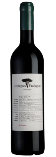 Bouteille de Fondugues-Pradugues Équinox 2021, issue de la presqu’île de Saint-Tropez, avec une étiquette détaillée.