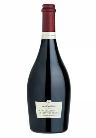 Bouteille de La Chapelle de Sainte Roseline Rouge 2016, robe pourpre intense, production limitée, arômes de fruits rouges et noirs, cacao et café.