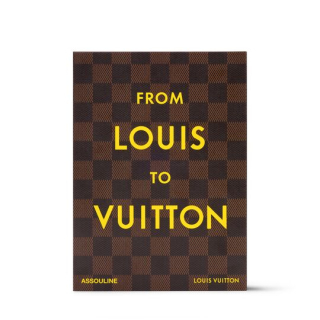 Couverture du livre From Louis to Vuitton, signé Assouline et Louis Vuitton, avec motif Damier et typographie jaune.