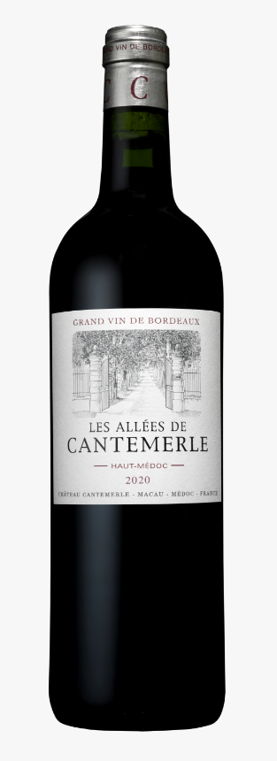Bouteille des Allées de Cantemerle 2020, second vin de Château Cantemerle, présentée sur fond neutre.
