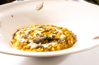 Un risotto parsemé de lamelles de truffe chez Tosca, au Splendide Royal Paris.